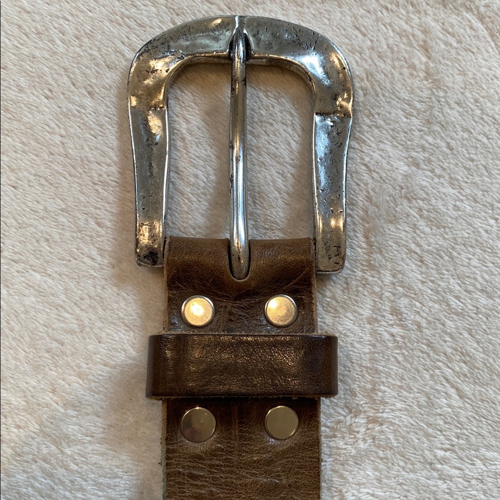 Brave Leather statement silver buckle taupe brown leather belt Sz 34 - Picture 4 of 10